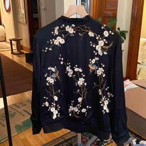 Zara satin embroidered floral bomber jacket